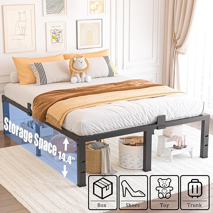 California King Size Bed Frame 16 inch High 3500 lbs Heavy Duty Metal Platform Mattress Foundation with Steel Slat Support/No Box Spring Needed/Noise Free/Non-Slip/Easy Assembly