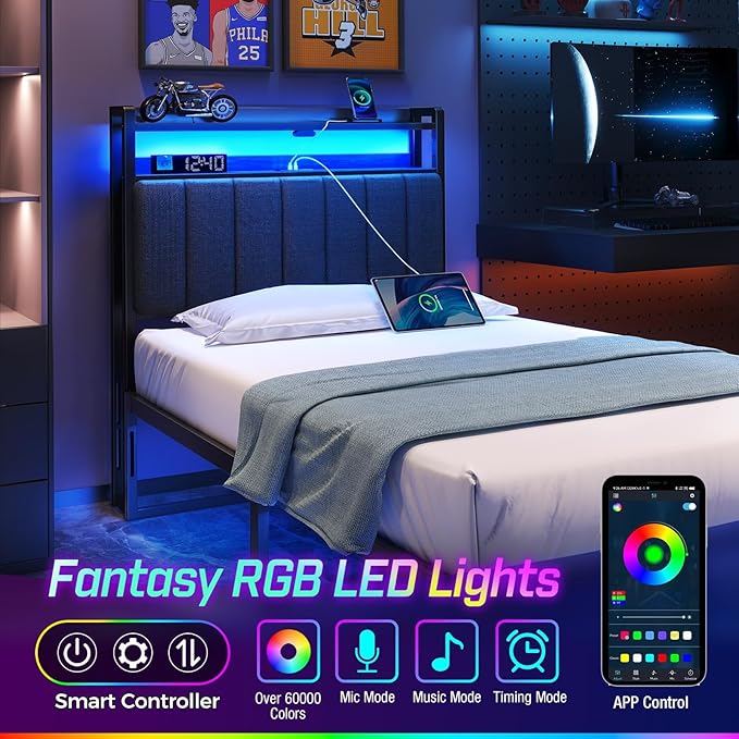 Rolanstar Headboard for Twin Size Bed with Storage, 60,000 DIY Color of LED Light, Head Board with USB & Type C Port, Height Adjustable, Black Upholstered Cabeceras de Cama Comfortable Modern, Linen