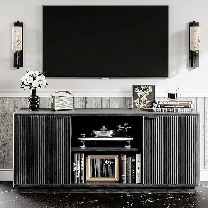 60'' Fluted TV Stand, Console Table, Mid Century Modern Curved TV Stands with Water Wave Shaped Door, Entertainment Center with Metal Handle, Living Room (Advanced Black Wood Grain)