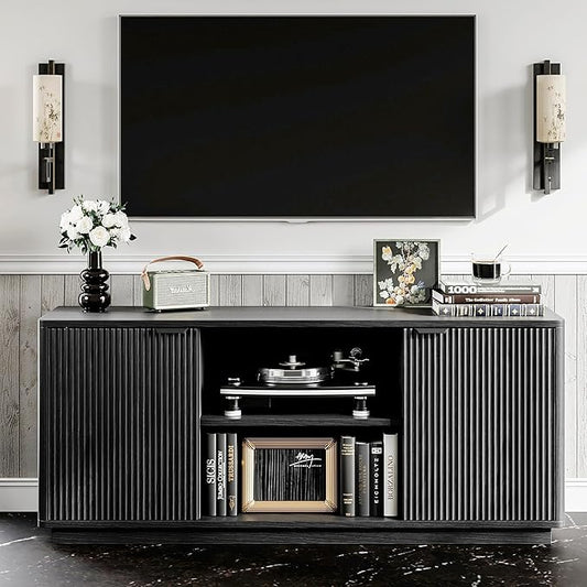 60'' Fluted TV Stand, Console Table, Mid Century Modern Curved TV Stands with Water Wave Shaped Door, Entertainment Center with Metal Handle, Living Room (Advanced Black Wood Grain)
