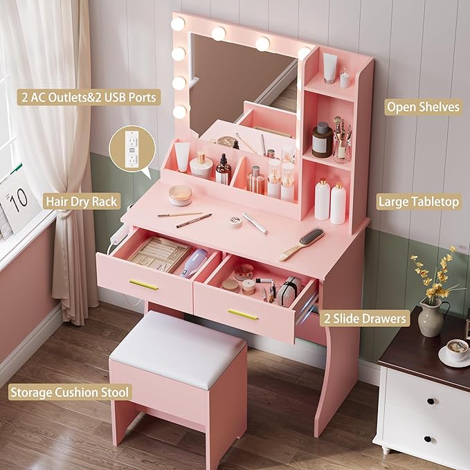 Pink Vanity Mirror with Lights Desk and Chair, Small Makeup Vanity Set with Charging Station, Dressing Table with 2 Large Drawers, RGB Ambient Light, 3 Lighting Modes & Adjustable Brightness