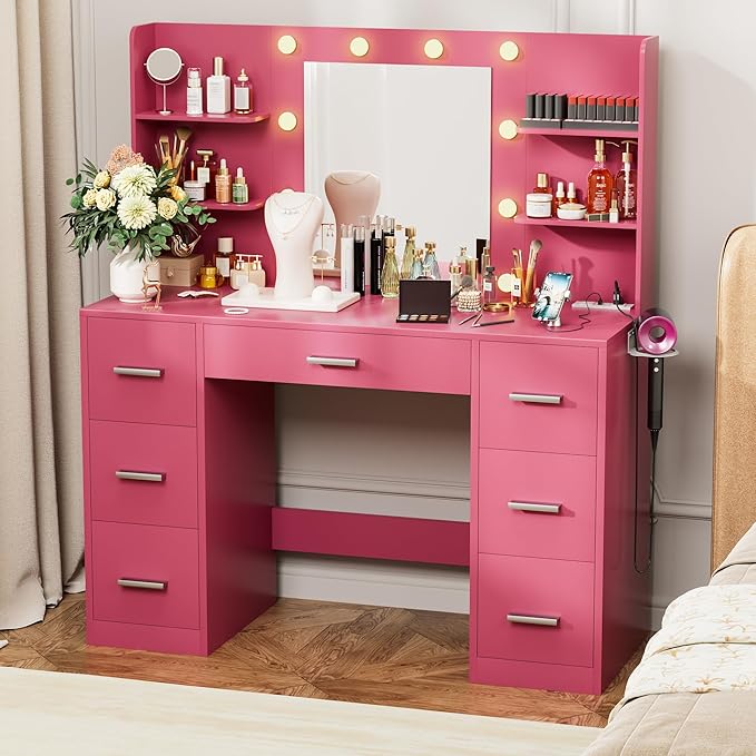 VICTONE Vanity Desk with LED Lighted Mirror&Power Outlet, 3 Model Lights Makeup Vanity Table with 7 Drawers and 6 Storage Shelves for Bedroom and Dressing Room (Dark Pink)
