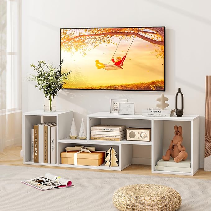 Tangkula 2 Pieces L-Shaped TV Stand, Free-Combination Entertainment Center for TVs up to 55 Inch, Modern TV Media Console Table with 4 Open Cubes, DIY Bookcase Shelf for Living Room (White, 2 pcs)