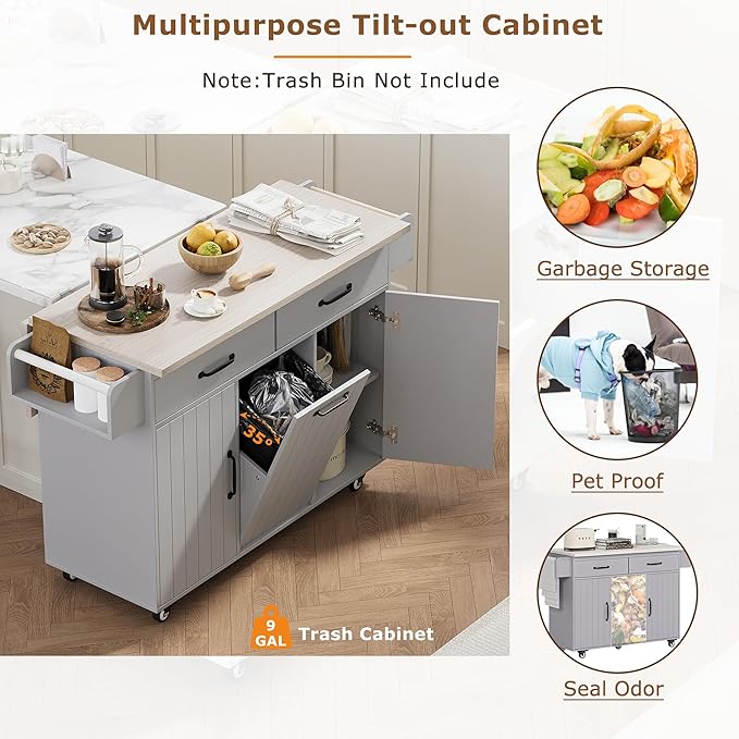 Kitchen Island with Storage & Drop Leaf, 51" Kitchen Rolling Island on Wheels with Spice Rack & Towel Rack, Kitchen Island Cart with Trash Can Storage, Grey