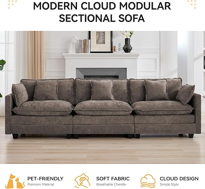 111'' Sectional Cloud Deep Seat Couch, Modern Comfy Chenille Modular Sectional Sofa for Living Room Set, Upholstered Modular 3-Seats Sofa Couch, Brown