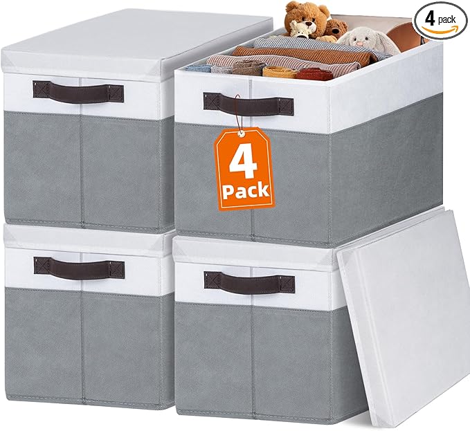 Extra Large Storage Baskets with Lids 4 Pack, 33 QT Blanket Basket for Organizing/ Stackable Decorative Closet Organizers and Storage Box for Clothes Towels/ Toy Organizers Bins with Handles/ 16x12