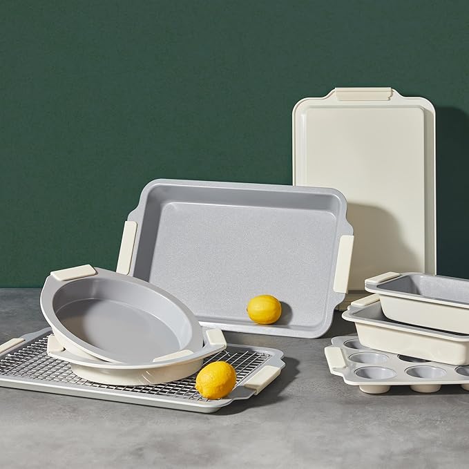 BRONYPRO Nonstick Ceramic Bakeware Set (9 Pieces),Heavy Duty Aluminized Steel Bakeware-Baking Pans Set with Silicone Handles,Includes Sheet Pans,Loaf Pan,Muffin pan,Cake pans,PTFE & PFOA Free - White