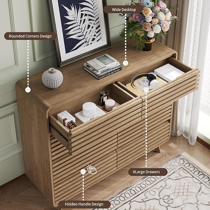 Fluted Dresser for Bedroom, Wide 8 Drawers Dresser, Chests of Drawers with Grille & Curved Design, Dressers Slides Pre-Installed, Large Wood Drawer Organizer for Bedroom Hallway, Natural Oak
