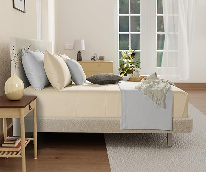 Queen Sheet Set - 300TC Organic Cotton Bedding Sheets & Pillowcases - Soft, Durable and Luxurious 4PC Sateen Weave Ivory Bed Sheets for Queen Size Bed, No Pill & Shrink Thick Machine Washable