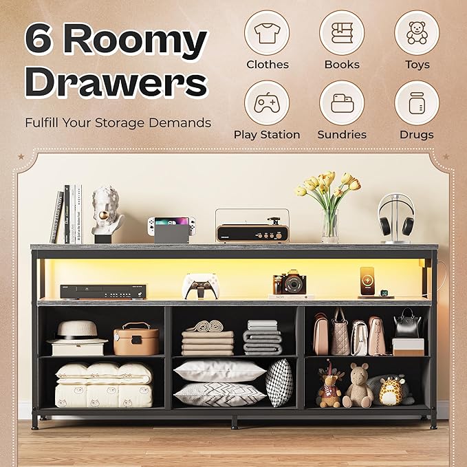 Huuger LED TV Stand for Bedroom, 55 Inch Fabric Dresser with Power Outlets, Entertainment Center for 60, 55, 50 Inch TV, 6 Drawer Dresser for Bedroom, Chest of Drawers with Shlef, PU Leather, Grey