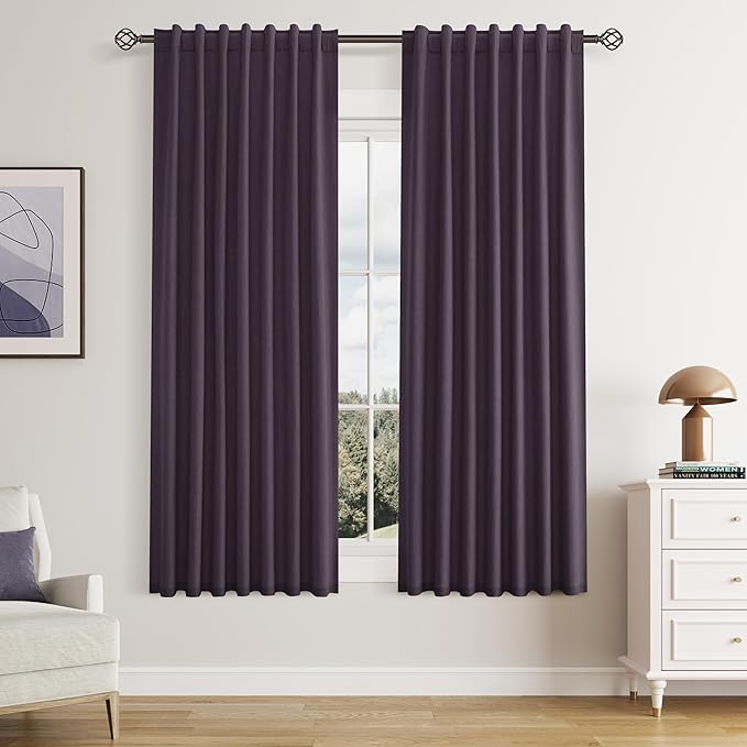 Guken Blackout Curtains 63 Inch Length 2 Panels Set for Living Room Bedroom Back Tab Thermal Insulated 100% Black Out Linen Drapes Room Darkening Window Curtains 63 Inches Long,Plum