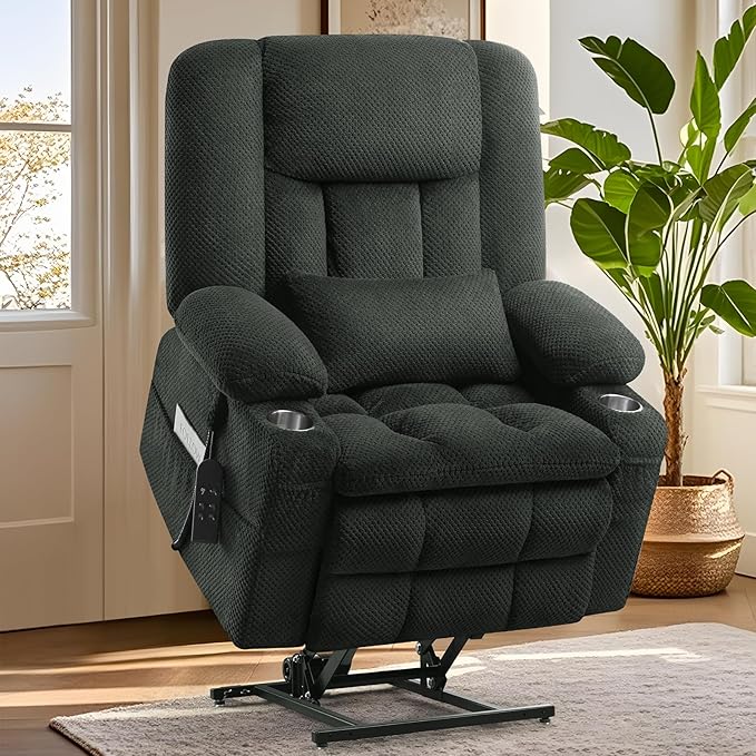 Large Dual Motor Power Lift Recliner Chair with Massage and Heat for Big Elderly People,USB & Type C Ports,Oversized Electric Lay Flat Recliners,Infinite Position,Side Pockets,Cup Holders(Grey)