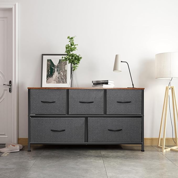 Dresser for Bedroom with 5 Drawers, Chest of Drawers, Storage Drawers Organizer Unit, Grey Wide Fabric Dresser with Fabric Bins for Closet, Living Room, Bedroom (Grey and Rustic Brown)