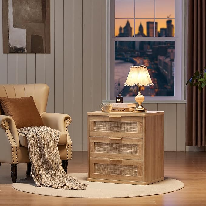 LEYAOYAO Rattan Night Stand with Drawers, 23" Large 3 Drawer Boho Nightstand, Natural Wood Bedside Table Storage Cabinet, Bed Side End Tables Dresser for Bedroom, Living Room, Hallway, Closet