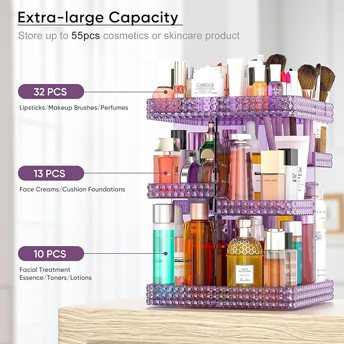 Makeup Perfume Organizer - 360 Rotating Acrylic Cosmetic Storage Make Up Organizer with Lazy Susan for Vanity & Dresser Countertop (Purple)