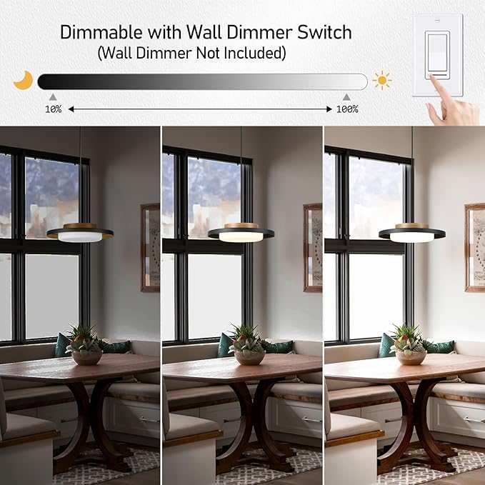 Dimmable Pendant Lights,15 inch,Natural Wood Cap,3000K/Warm White/22W,LED Pendant Light Fixtures for Kitchen, Dining Room, Living Room,Black