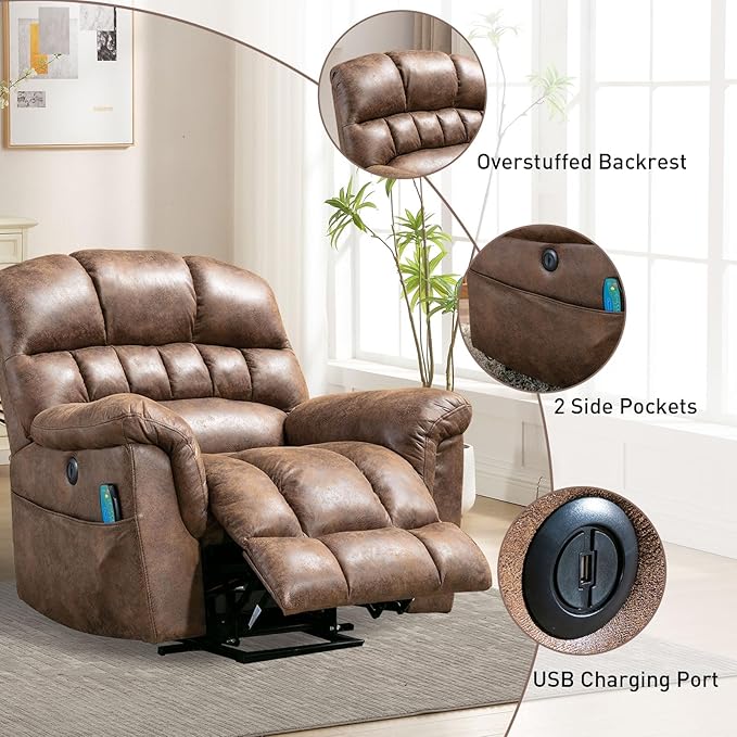 Bonzy Home Power Lift Chairs Recliner with Massage and Heating, Electric Recliner Chair with 24" Wide Seat for Big People, Full Padded Backrest, Waterproof Faux Leather, USB Charging Ports, Brown