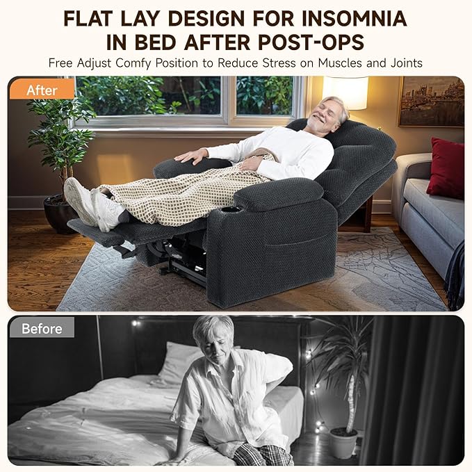 Triple Motor Large-Wide Power Lift Recliner Chair with Power Headrest for Big and Tall Elderly, Infinite Position, Massage Heat, Extend Footrest, USB, Cup Holder, Plush Flannel, Dark Grey