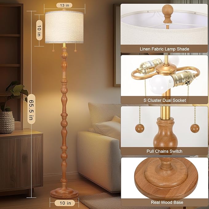 65.5" Natural Real Wood Floor Lamp with S Cluster Pull Chains Dual Switch,Wood Base Tall Lamp,Farmhouse Standing Lamp for Living Room,with Linen Shade,Floor Lamp for Living Room,Bedroom(Bulb Included)