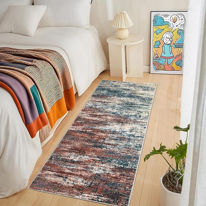 Washable Runner Rug 2x6 Modern Abstract Kitchen Rugs, Non Slip Bathroom Rug, Low Pile Laundry Room Soft Long Carpet for Hallway Bedroom Entryway, Red Multi