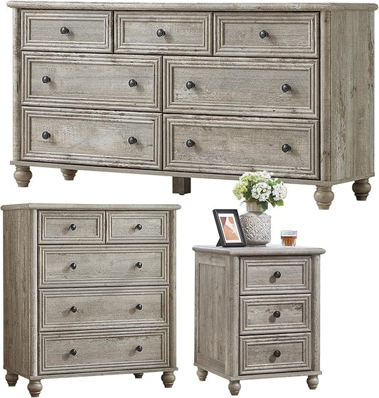 Farmhouse Dressers & Night Stand Set of 3, Wood 54" Wide Dresser & 35.5"Tall Chest of Drawers, 18" Roman Column Nightstand, Bedroom Furniture 7 Drawer Dresser Set for Bedroom Home Living Room Hallway