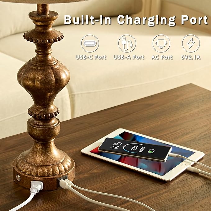 27.5" Farmhouse Table Lamps Set of 2 Bedside Nightstand Lamp with USB C+A Ports & AC Outlet, 3 Way Dimmable Touch Lamps for Bedroom Living Room Office Hallway Rustic Traditional Lamp (Copper)