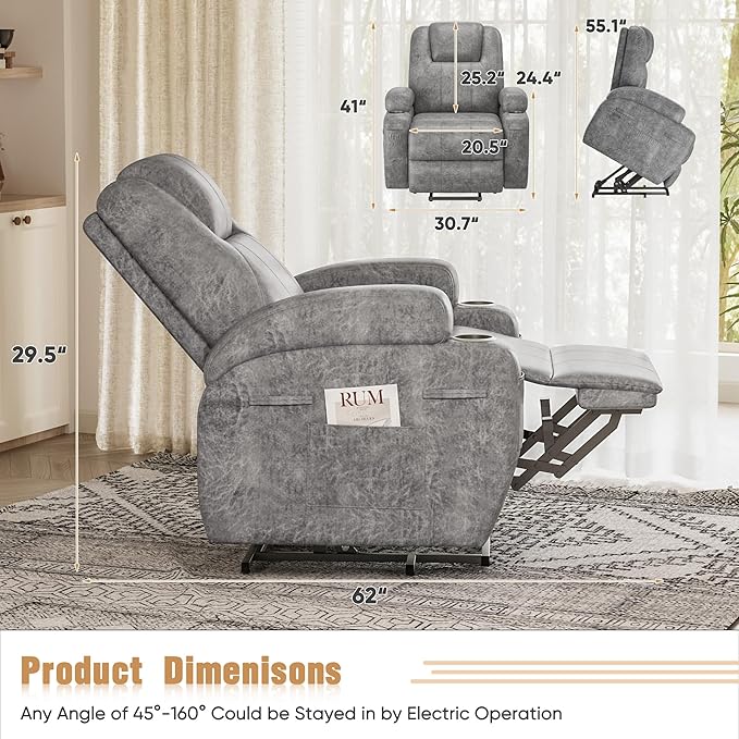 Power Lift Recliner Chair with Massage Electric Lift Chair for Elderly, Ergonomic Recliner with Cup Holders & Side Pockets, Modern Single Sofa for Living Room (Leathaire, Light Gray)