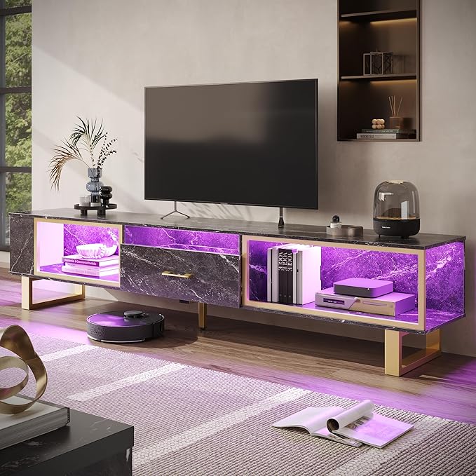 Bestier 80 Inch TV Stand for 65/75/85/90 Inch TVs, LED Gaming Entertainment Center for PS5 with Open Storage and Drawer, Modern High Gloss Media Console for Living Room Bedroom, Black Marble
