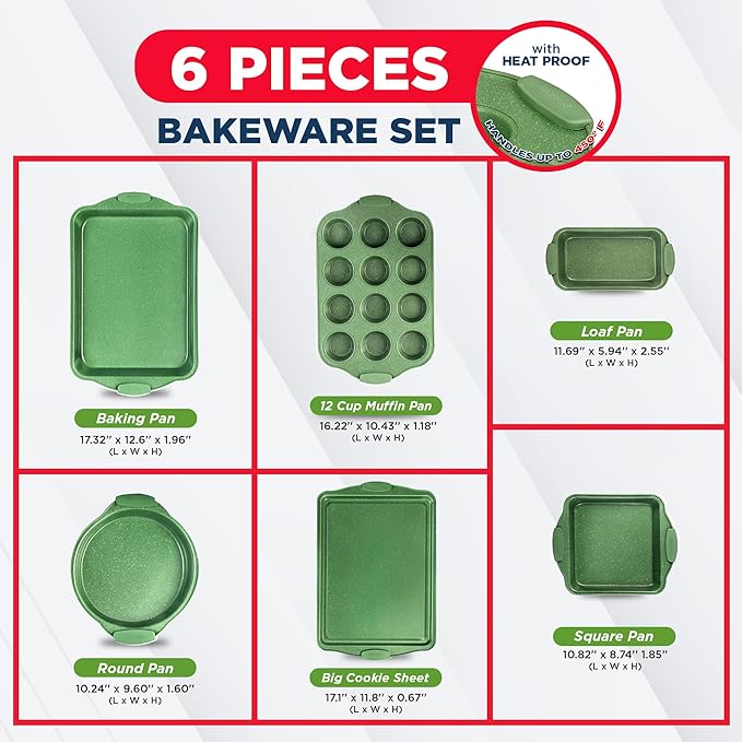 BAKKEN Kitchen Baking Pan Set - Nonstick Green Marble Coating, Carbon Steel Bakeware Sets with Green Silicone Handles, Kitchen Essentials, PFOA, PFOS, PTFE Free, Oven Safe (Up To 450° F), Set of 6