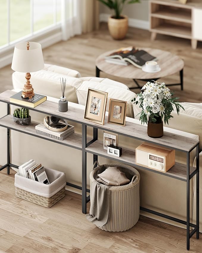 VASAGLE Console Table, 2-Tier Narrow Sofa Table with 2 Shelves, 7.9 x 39.4 x 31.5 Inches, for Living Room, Hallway, Entryway, Heather Greige and Ink Black ULNT131K02V1