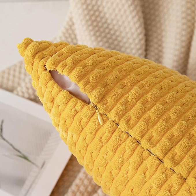 Kevin Textile Velvet Pillow Covers Striped Decorative Throw Cushion Case with Hidden Zipper for Home Couch/Bedroom 2 Pack (24x24 Inch Yellow)
