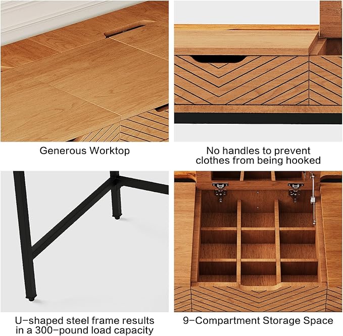 TEKAMON 47" Makeup Vanity Desk with Mirror，Girls Vanity Dressing Table for Bedroom, Home Office/Computer Desk with 2 Drawers, Study Desk with Cable Management, Natural Wood