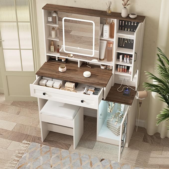 Vabches Makeup Vanity Desk with Sliding Mirror, 41.8'' White Farmhouse Vanity Table with Stool, Jewelry Cabinet & Charging Station, Large Drawer, Visual Cabinet, 3 Lighting Modes, Adjustable Shelves