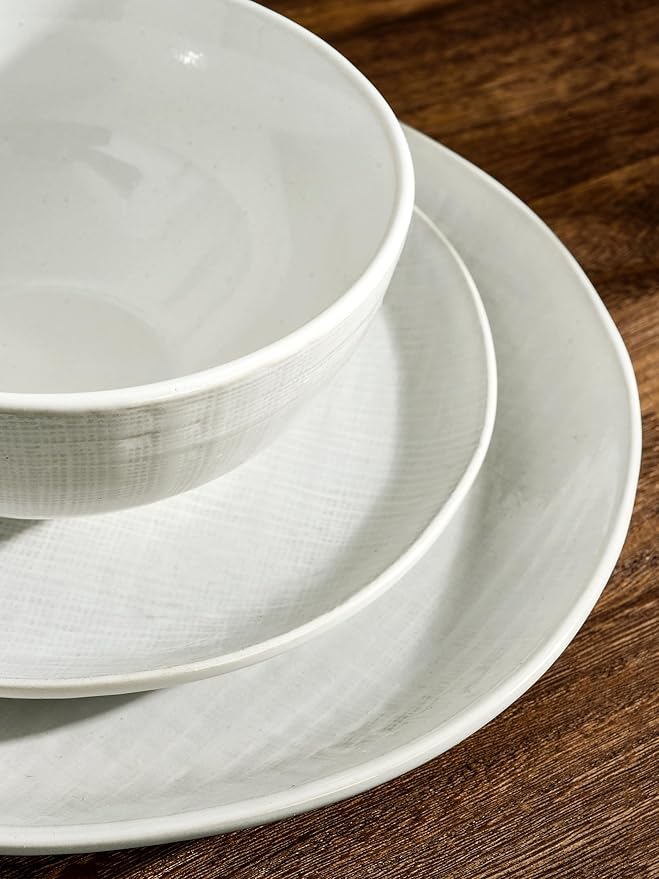 Famiware Moonlight Plates and Bowls Sets, 18 Pieces Stoneware Dinnerware Sets with Linen Finish, Handmade Dishware set for 6, Microwave and Dishwasher Safe, Scratch Resistant Tableware, White
