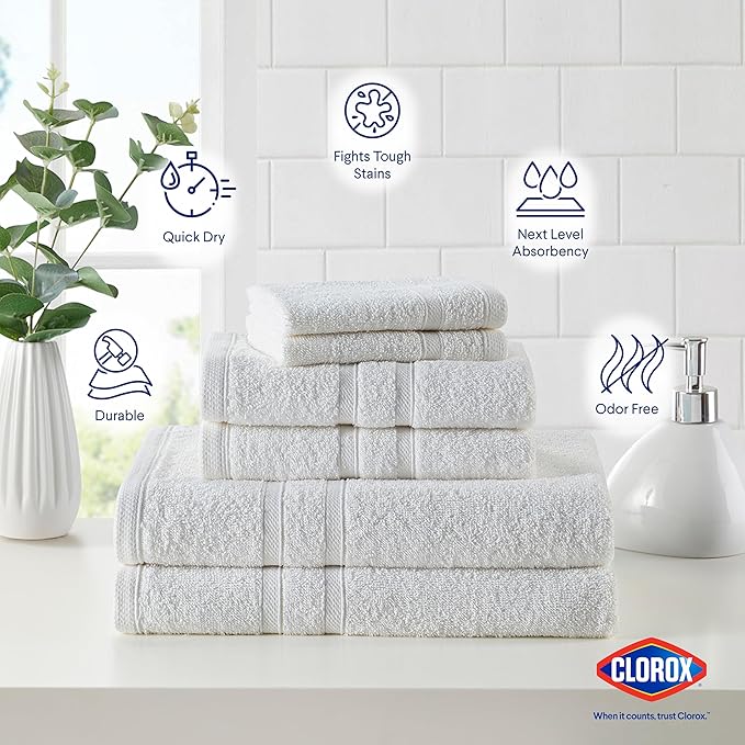 CLOROX Bleach Friendly Towel Set, Quick Dry 100% Cotton Highly Absorbent Lightweight, 2 Bath, 2 Hand, 2 Washcloth Towels Ideal for Everyday Use (6 Pack, White)