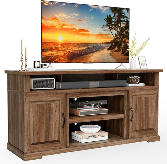 Marsail Modern Farmhouse TV Stand, Entertainment Center with Storage Cabinets, Adjustable Shelves and Power Outlets for Televisions up to 80 Inch, TV Console Table for Living Room, Brown