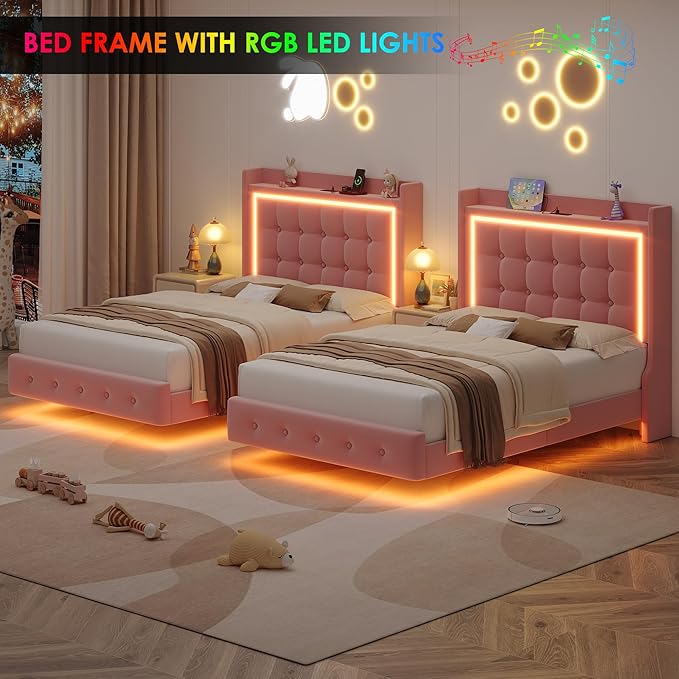 Keyluv Upholstered Twin Floating Bed Frame with RGB LED Lights and Charging Station, Velvet Platform Bed with Button Tufted Storage Headboard, Type-C & USB Charging Ports, No Box Spring Needed, Pink