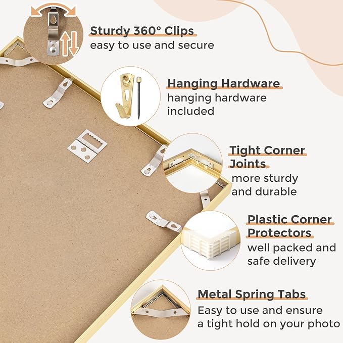 13x19 Metal Picture Frame for Wall With Mat for 11x17, 13''x19'' Aluminum Photo Frames With Tempered Glass for Home Decor, Minimalist Modern Poster Frame Horizontal And Vertical Formats, Gold