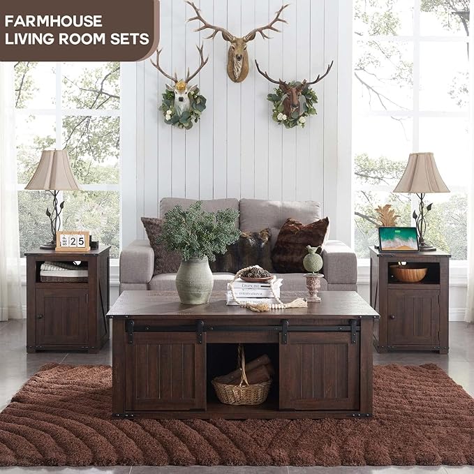 48" Lift Top Coffee Table, Farmhouse Cocktai with Sliding Groove Barn Door, Rustic Wood Center Table w/Double Storage Spaces for Living Room, Brown