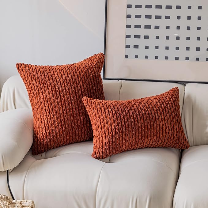 Kevin Textile Fall Lumbar Throw Pillows Cover Autumn Decorative Cushion Covers for Chair/Sofa/Bed/Car Comfortable Corduroy Striped 12 x 20 Inches Burnt Brick Double Pieces
