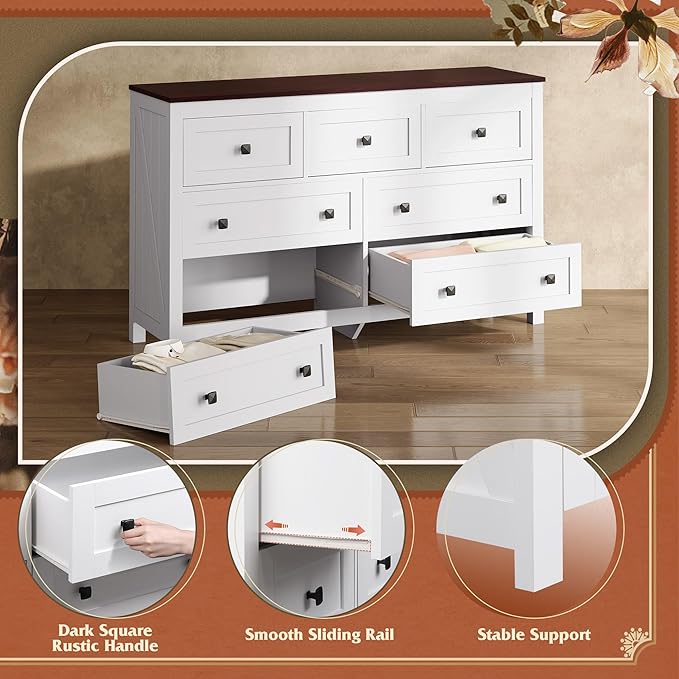WLIVE Farmhouse Dresser for Bedroom, 51.18'' Wide 7 Drawer Wood Dresser, White TV Stand for 65 inch TV, Wooden Chest of Drawers for Bedroom, Modern Clothes Organizer for Living Room, Hallway