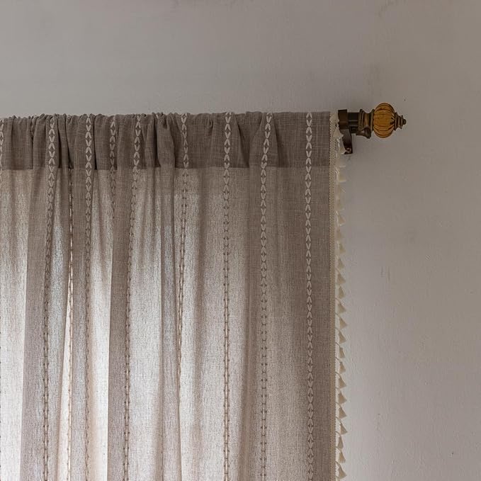 Linen Curtains 108'' Long for Living Room 2 Panels Set, Embroidery Curtains Tassel Boho Curtains for Bedroom Light Filtering Window Curtains Rod Pocket Drapes (52'' W x 108'' L,Khaki)