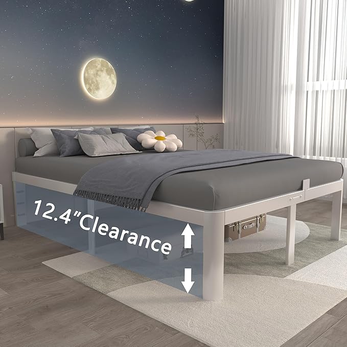 ITIMIDI 14 Inch White Full Size Bed Frame, Full Metal Platform Bed Frames with Round Corner Legs, Heavy Duty Steel Support 3500 LBS, Storage Space, No Box Spring Needed, Noise Free, Easy Assembly