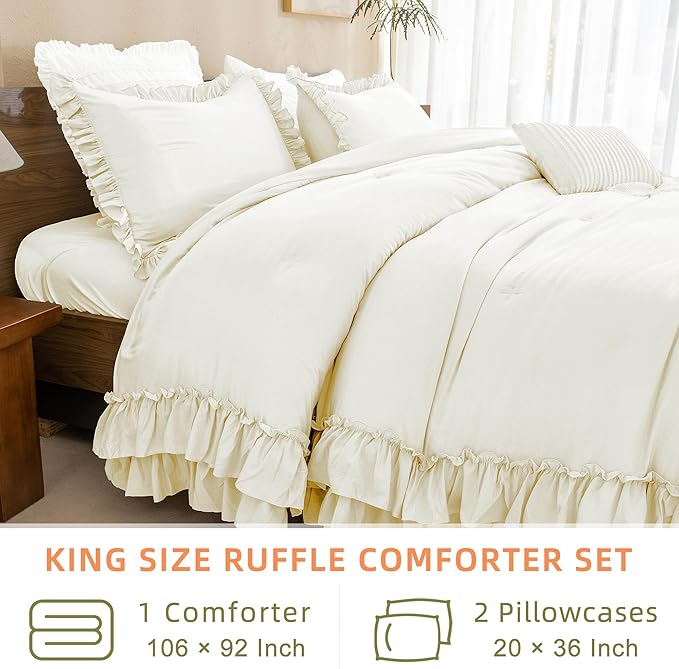 QSH Ruffle Comforter Set King Size, Shabby French Country Chic Bedding Ivory Comforter Sets, 3 Pieces Farmhouse Lightweight Boho Comforter Set for Bed, Ultra Soft Microfiber Fluffy Bedding