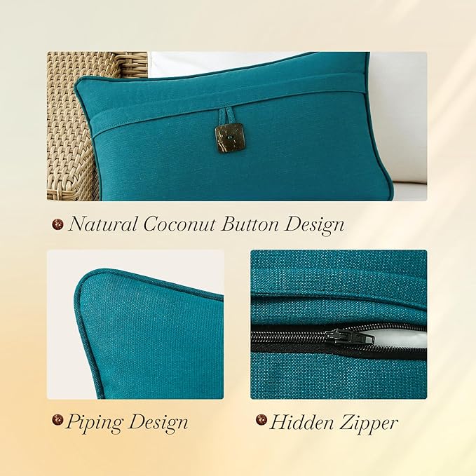 Outdoor Sunbrella Decorative Pillows with Coconut Button Pack of 4, 20" x 12" Outdoor Pillow Set for Couch Bed Throw Patio Sofa, Spectrum Peacock