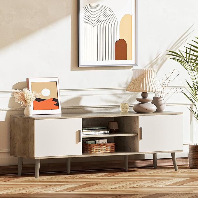 SUPERJARE TV Stand for 55 Inch TV, Entertainment Center with Adjustable Shelf, 2 Cabinets, TV Console Table, Media Console, Solid Wood Feet, Cord Holes, for Living Room, Bedroom, Gray and White