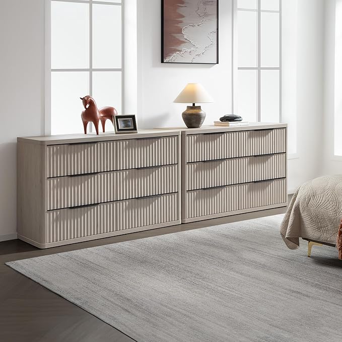 SICOTAS Dresser for Bedroom 6 Drawer Dressers & Chests of Drawers for Closet Long Large Modern TV Stand Set for Clothes Storage Fluted Wide Clothes Closet for Hallway Entryway (White Alder, 2 Pieces)