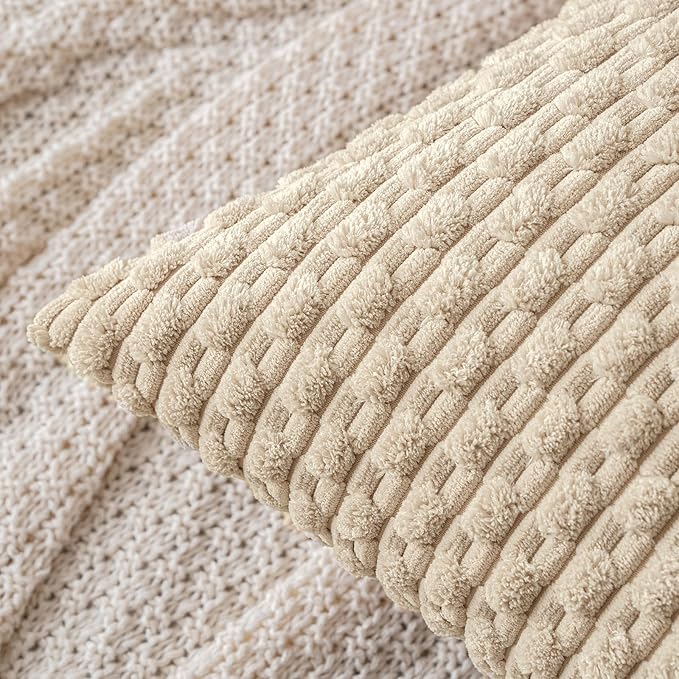 MIULEE Throw Pillow Covers Soft Corduroy Decorative Set of 2 Boho Summer Striped Pillow Covers Pillowcases Farmhouse Home Decor for Couch Bed Sofa Living Room 18x18 Inch Beige