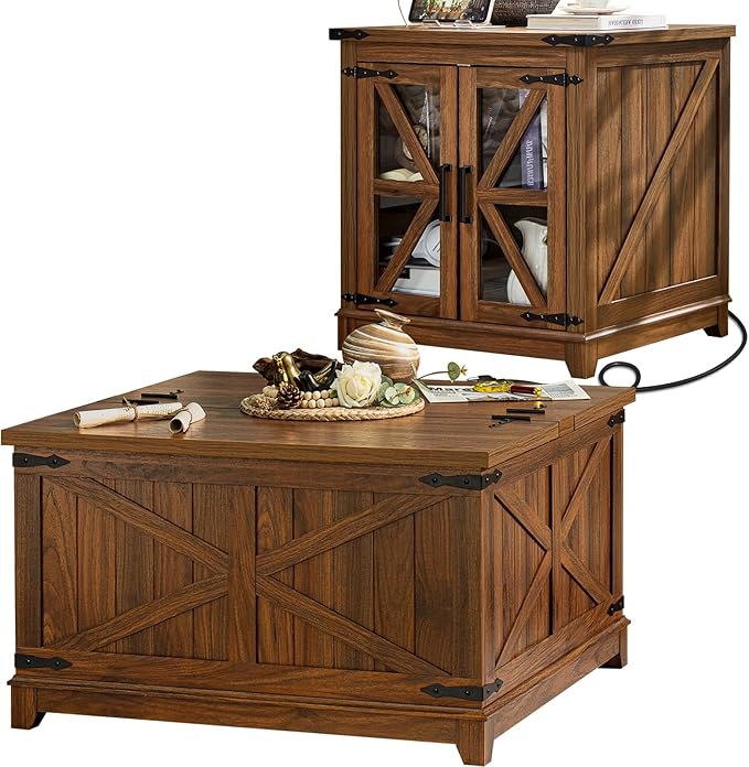 Farmhouse Coffee Table Sets 2 Pieces, Large End Side Tables with Charging Station and Coffee Table with Hidden Storage Compartment, Black Living Room Table Set, Wood Furniture Sets for Home Office