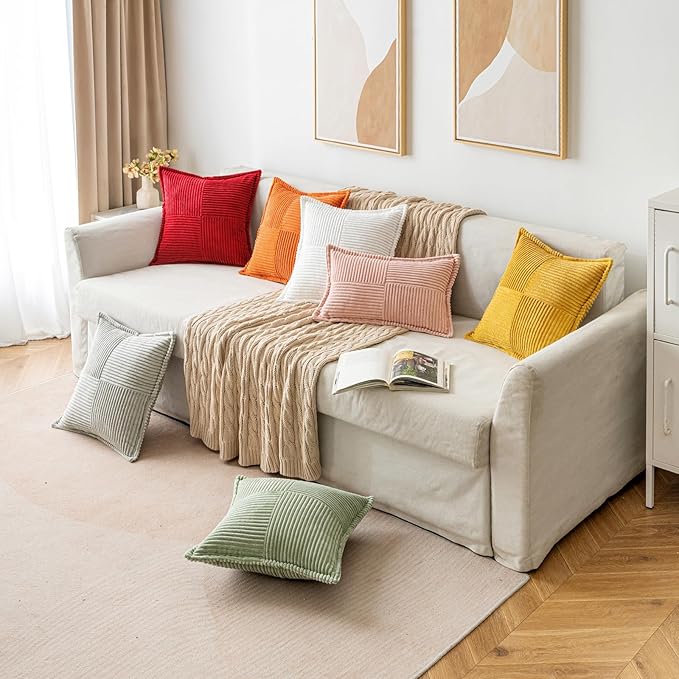 MIULEE Christmas Decorative Throw Pillow Covers for Couch Bed Livingroom 20x20 Inch Set of 2 Red Boho Accent Throw Pllows Broadside Striped Patchwork Soft Corduroy Pillowcases